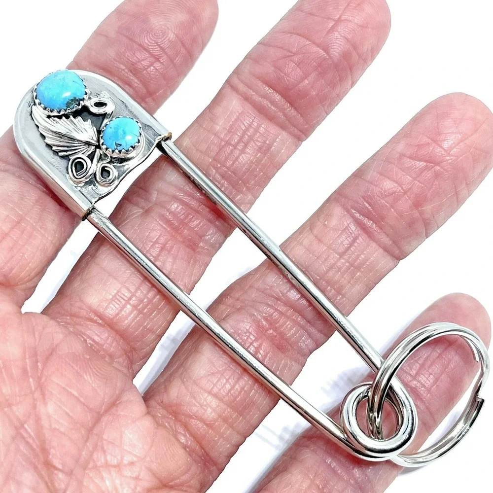 Giant Safety Pin Keyring Turquoise Leaf Key Chain Tag‎ 4in Navajo Mens Gift